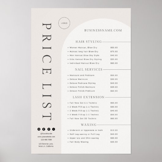 Ivory Blush Modern Price List Beauty Salon Poster (Voorkant)