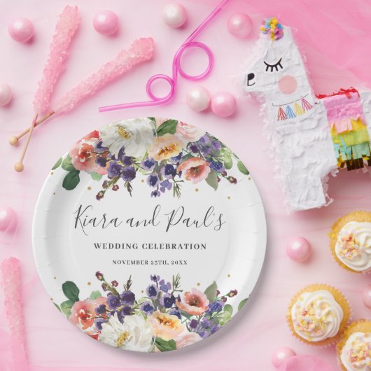 Ivory Blush Paarse Peach Floral Greenery Wedding Papieren Bordje (Feest)