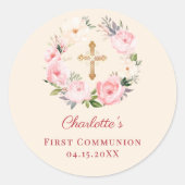 Ivory blush pink floral wreath First Communion Ronde Sticker (Voorkant)