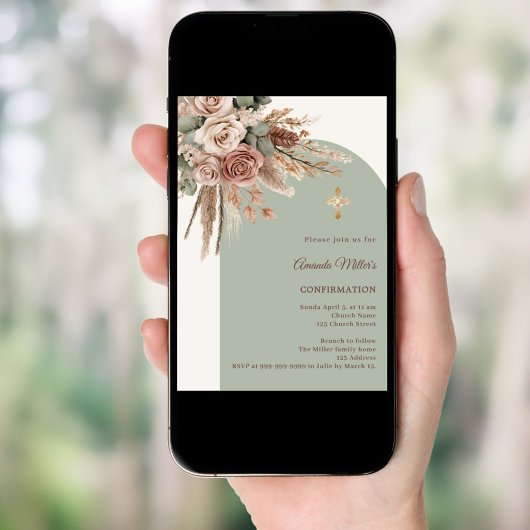 Ivory blush roses sage green arch Confirmation Kaart
