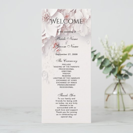 Ivory Blush Roze Bloemen Trouwprogramma Programmakaart (Staand voorkant)