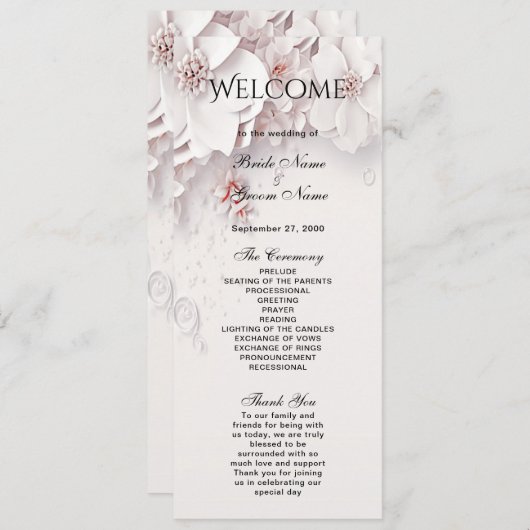 Ivory Blush Roze Bloemen Trouwprogramma Programmakaart (Voorkant / Achterkant)