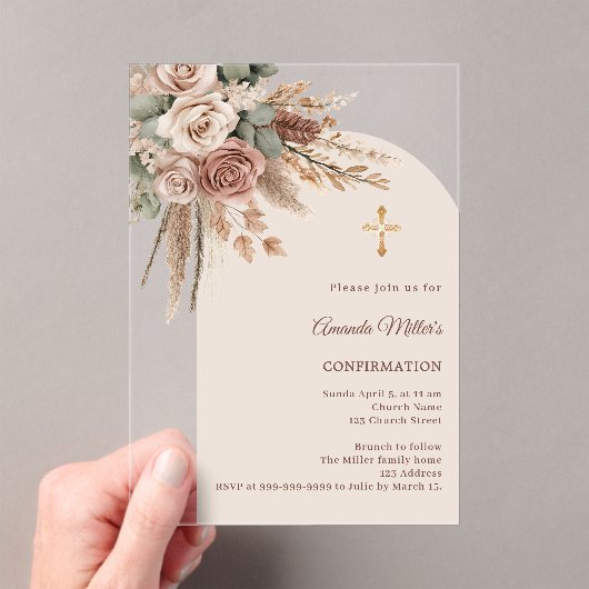 Ivory blush taupe roses pampas arch Confirmation Acryl Uitnodigingen (Insitu (Draagbaar))