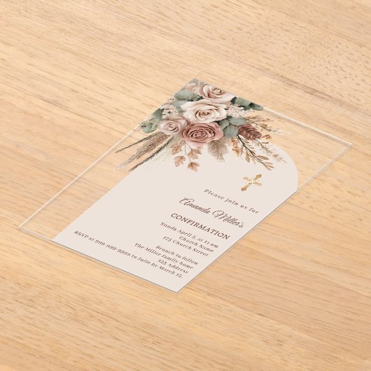 Ivory blush taupe roses pampas arch Confirmation Acryl Uitnodigingen (Laagn)