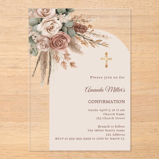 Ivory blush taupe roses pampas arch Confirmation Acryl Uitnodigingen (Voorkant)