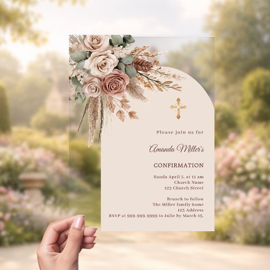 Ivory blush taupe roses pampas arch Confirmation Acryl Uitnodigingen
