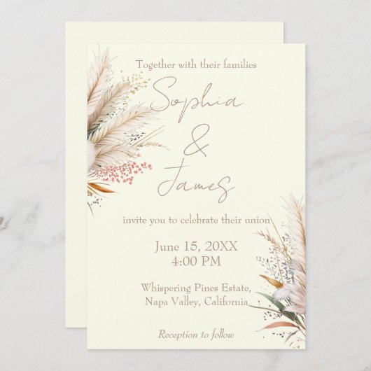 Ivory Boho Pampas Grass Wedding Kaart (Voorkant / Achterkant)