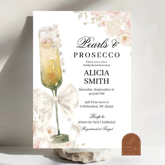 Ivory Boog Parels & Prosecco Bruidsfeest Kaart