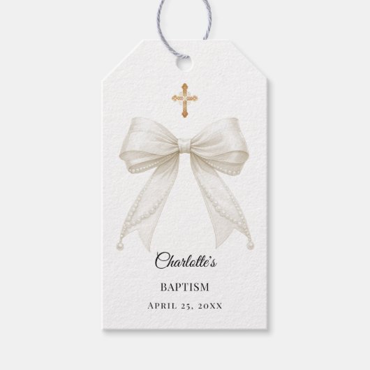 Ivory bow pearls Baptism DIY Cadeaulabel (Voorkant)