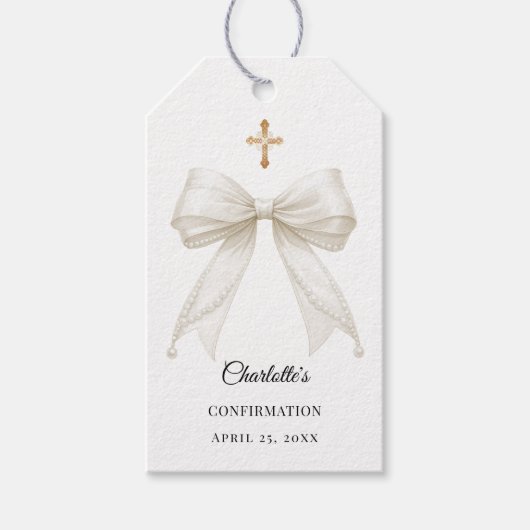 Ivory bow pearls Confirmation DIY Cadeaulabel (Voorkant)