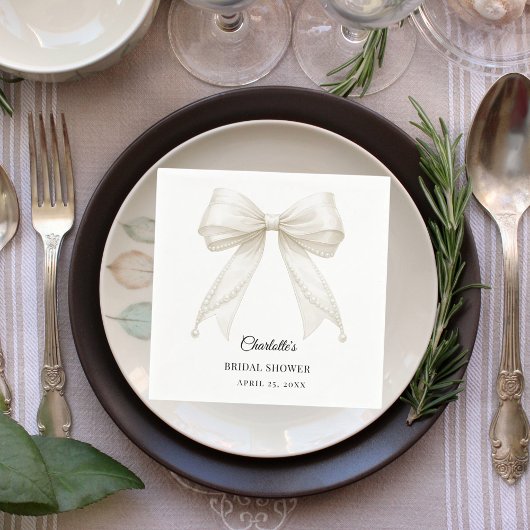 Ivory bow pearls elegant Bridal Shower Luncheon Servet