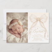 Ivory Bow Pearls Elegant photo Baptism Kaart (Voorkant)