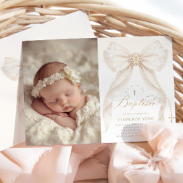 Ivory Bow Pearls Elegant photo Baptism Kaart