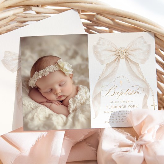 Ivory Bow Pearls Elegant photo Baptism Kaart