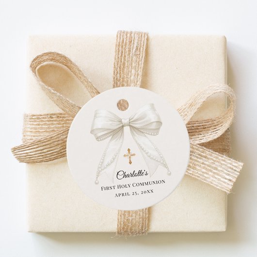 Ivory bow pearls First Holy Communion DIY Bedankjes Labels