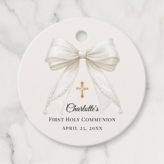 Ivory bow pearls First Holy Communion DIY Bedankjes Labels (Voorkant)