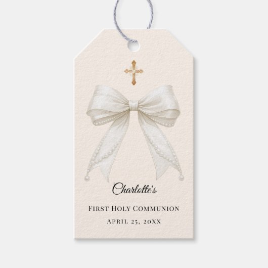 Ivory bow pearls First Holy Communion DIY Cadeaulabel (Voorkant)