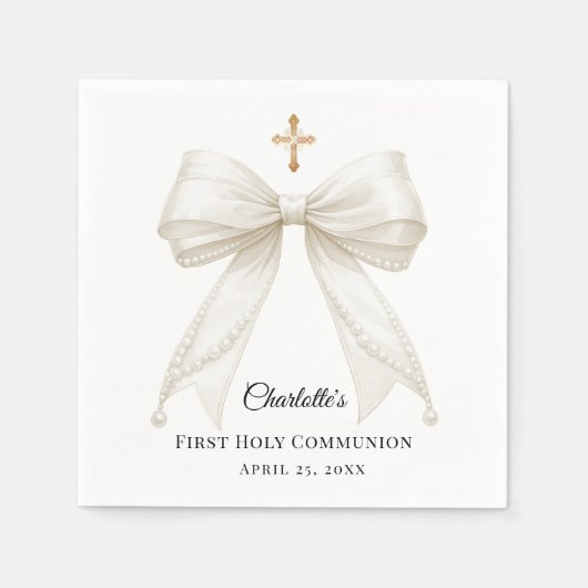 Ivory bow pearls First Holy Communion Servet (Voorkant)
