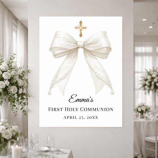 Ivory bow pearls First Holy Communion welcome Poster