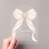 Ivory Bow Pearls Girl Baptism Religious Acryl Uitnodigingen (Insitu (Draagbaar))