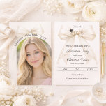 Ivory bow pearls photo arch Graduation party Save The Date<br><div class="desc">Announce your milestone with this Coquette Graduation Save the Date. The design features a lush ivory bow embellished with delicate pearl strands and a classic mortarboard icon. Perfect for the stylish senior girl looking to share her portrait with family and friends.</div>