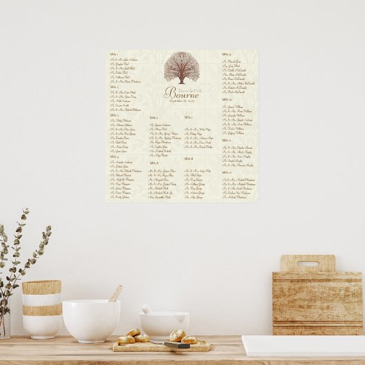 Ivory Brown Swirl Tree met vogelzitjes 12 tafels Poster (Keuken)