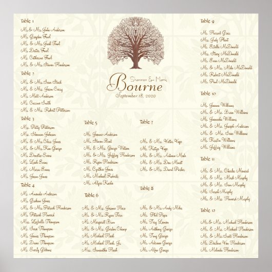 Ivory Brown Swirl Tree met vogelzitjes 12 tafels Poster (Voorkant)