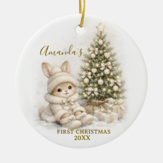 Ivory Bunny Rabbit First Christmas Keepsake Girl Keramisch Ornament