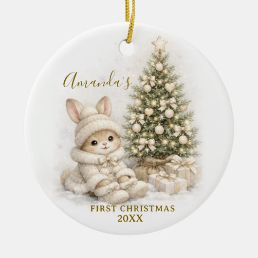 Ivory Bunny Rabbit First Christmas Keepsake Girl Keramisch Ornament (Voorkant)