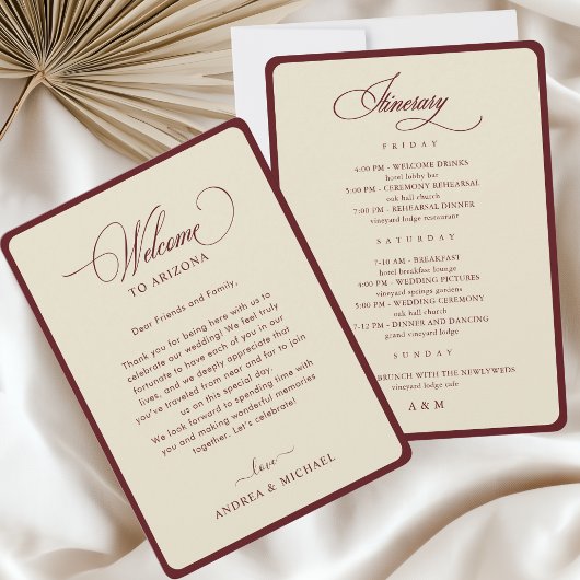 Ivory Burgundy Border Retro Wedding Itinerary Card Kaart