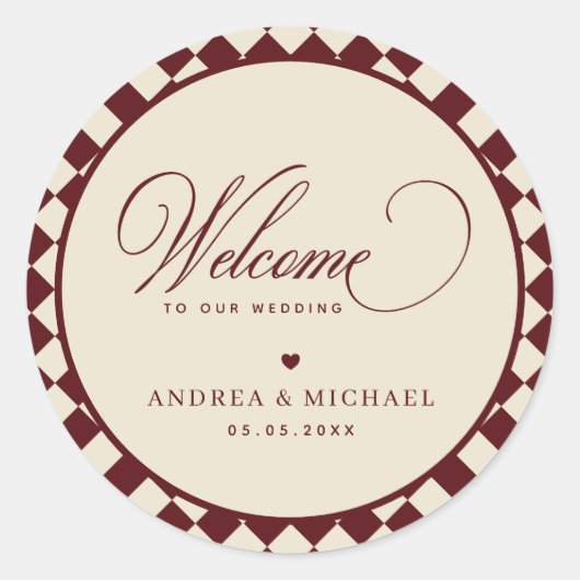 Ivory & Burgundy Checkered Retro Wedding Welcome Ronde Sticker (Voorkant)