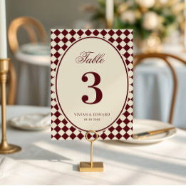 Ivory & Burgundy Checkered Wedding Table Number Kaart