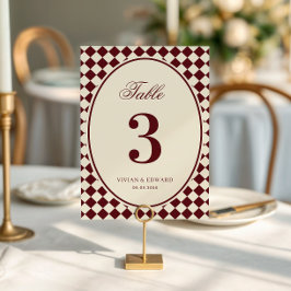 Ivory & Burgundy Checkered Wedding Table Number Kaart