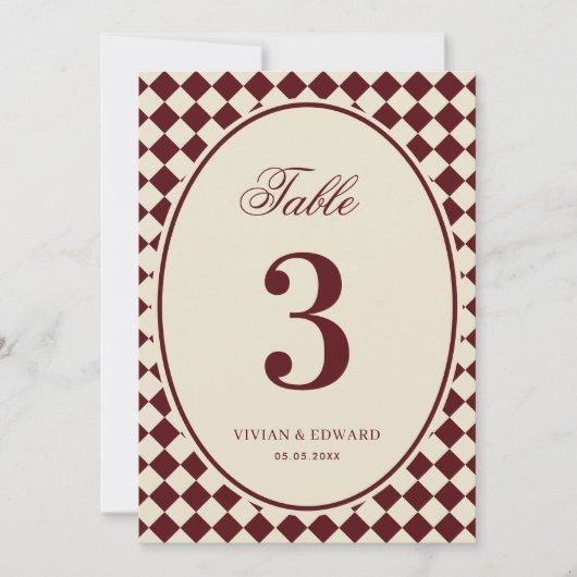 Ivory & Burgundy Checkered Wedding Table Number Kaart (Voorkant)