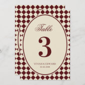 Ivory & Burgundy Checkered Wedding Table Number Kaart (Voorkant / Achterkant)