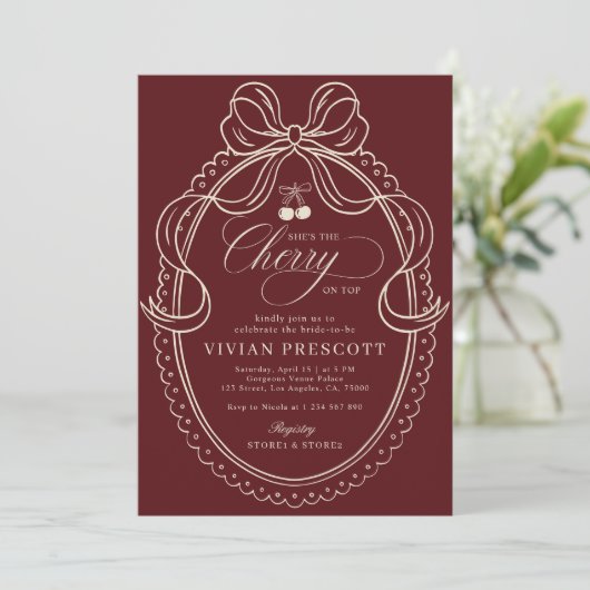 Ivory & Burgundy Cherry On Top Bruiloftsfeest Kaart (Staand voorkant)