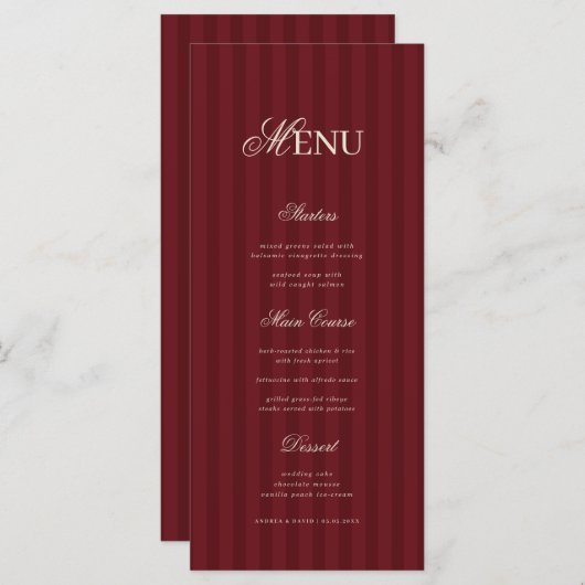 Ivory & Burgundy Elegant Stripes Retro Wedding Menu (Voorkant / Achterkant)