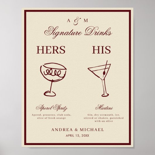 Ivory & Burgundy Retro Signature Drinks Sign Poster (Voorkant)
