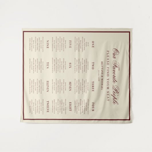Ivory Burgundy Retro Wedding Seating Chart Sign Wandkleed (Voorkant (horizontaal))