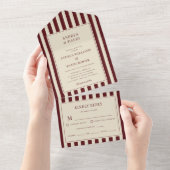 Ivory & Burgundy Stripes Border Retro Wedding All In One Uitnodiging (Afscheurbaar)