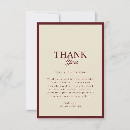 Ivory & Burgundy Stripes Border Retro Wedding Bedankkaart (Voorkant)