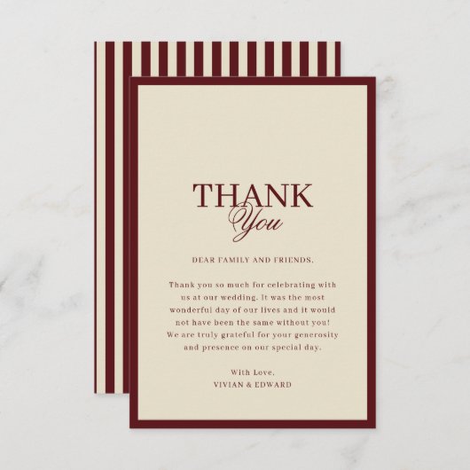 Ivory & Burgundy Stripes Border Retro Wedding Bedankkaart (Voorkant / Achterkant)