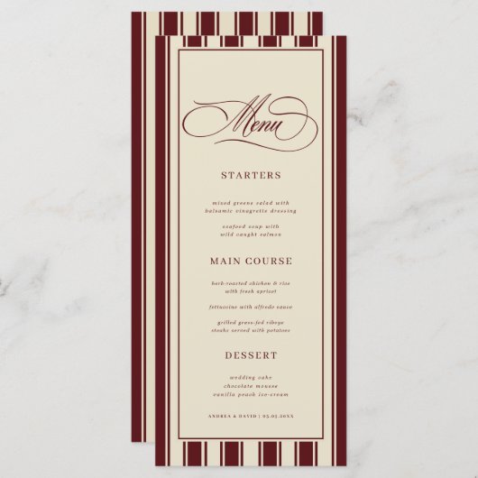 Ivory & Burgundy Stripes Border Retro Wedding Menu (Voorkant / Achterkant)
