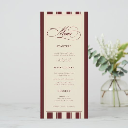 Ivory & Burgundy Stripes Border Retro Wedding Menu (Staand voorkant)