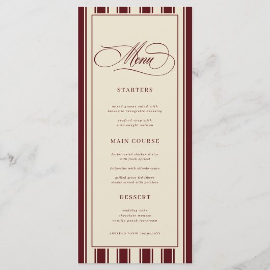 Ivory & Burgundy Stripes Border Retro Wedding Menu (Voorkant)