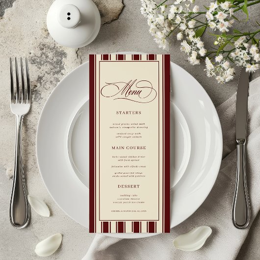 Ivory & Burgundy Stripes Border Retro Wedding Menu