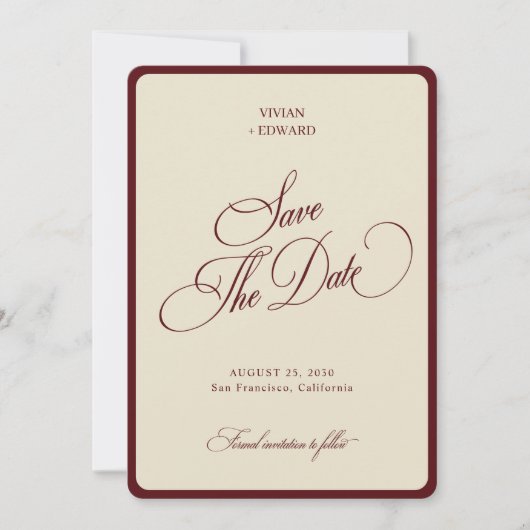 Ivory & Burgundy Stripes Border Retro Wedding Save The Date (Voorkant)