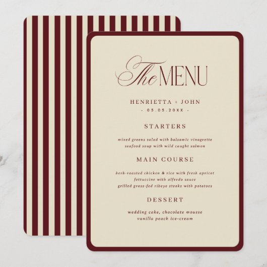 Ivory Burgundy Stripes Border Wedding Menu Card Kaart (Voorkant / Achterkant)