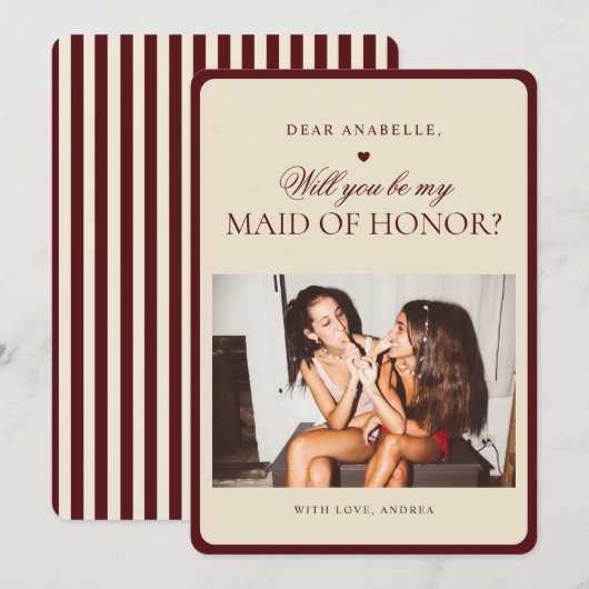 Ivory Burgundy Stripes Maid of Honor Proposal Card Kaart (Voorkant / Achterkant)