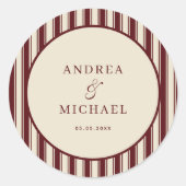 Ivory & Burgundy Stripes Retro Custom Wedding Ronde Sticker (Voorkant)